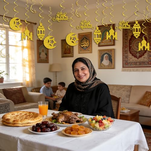 Eid Mubarak Decorations, Gold Glitter Eid Mubarak Hang Swirls Star Moon Lantern Decor Sign for Eid Festival Muslim Islam Party Decoration Supplies