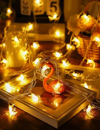 Moon Star String Lights, WFGGEH 20ft 40 LED USB Powered Star and Moon Fairy Lights Warm White for Birthday Party Christmas Holiday Home Decoration