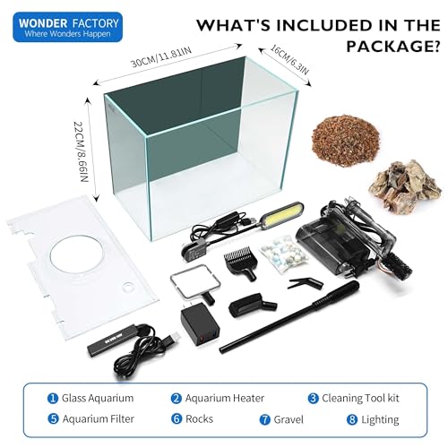 Small Aquarium Set Glass 2.6 Gallon Fish Tank, Starter Kit with Heater Self Cleaning System Efficiency Filter Bright Light Rocks Gravel Cleaning Tool, Leak-Proof Ultra-Clear Rimless Desktop Betta Tank - size: 2.6 Gallon