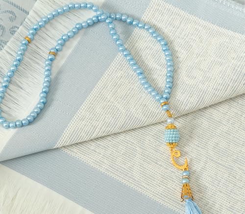 Prien Muslim Prayer Rug with Tasbih and Portable Bag, Muslim Gift for Women Men, Mubarak Islamic Box, Soft Mat Islam Gifts Set, Turkish Sajadah for Ramadan, Eid, Hajj, Travel, Pray (Blue) - color: Blue