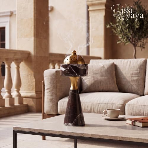 Sissi & yaya Marble Incense Burner with Brass Cover, 11 x 3.8 inches, Multi-Purpose Holder for Cones, Coils and Sticks (Dark Brown) - color: Dark Brown
