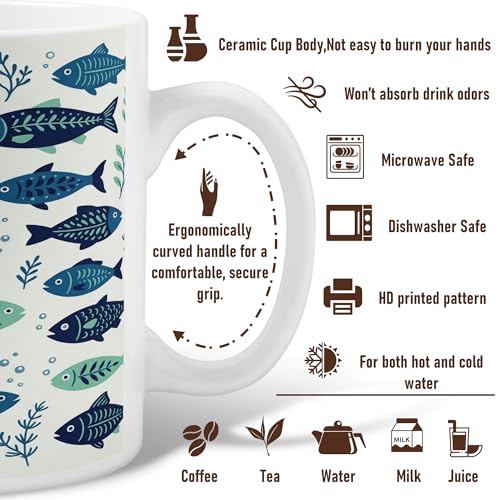 Fish Ceramic Coffee Mug, Marine Playful Seaweed Bubbles Summer Navy Blue Novelty Hot Chocolate Mug with Handle Ideal for Friendship Family Colleague Staff Sweetheart Teachers 11 Oz - size: 11 Ounces