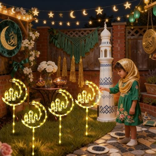 Aurelema 6 Pack Ramadan Mubarak Outdoor Decoration Lights Eid Outside Patio Pathway Landscape Lights Yard Stake Driveway Lawn Walkway Decoration Star Moon for Eid Mubarak Ramadan Party Favors Gifts