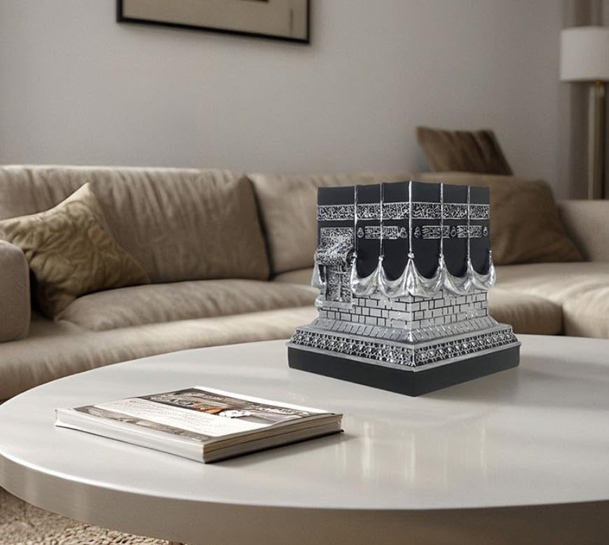 Islamic Kaba Replice Model,Muslim Turkish Home Table Decorations,Islamic Ramadan Showpiece,Golden Black Islamic Prayer House Model,Eid Ramadan、umrah Gift (Silver) - color: Silver