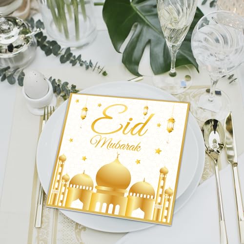 100Pcs Eid Mubarak Paper Napkins White and Gold Moons Stars Guest Lunch Dinner Tableware Disposable Dessert Napkin Set for Muslim Kitchen Holiday Party Supplies Decoration,6.5 x 6.5 inch