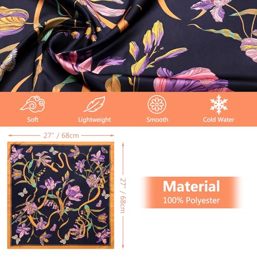 Stlvoll 27.5" Silk Neck Scarf of Women's Fashion Head Scarf Square Neck Satin Scarfs for Bag Hair Scarves Gift - color: Flower/Gold/Black/Purple
