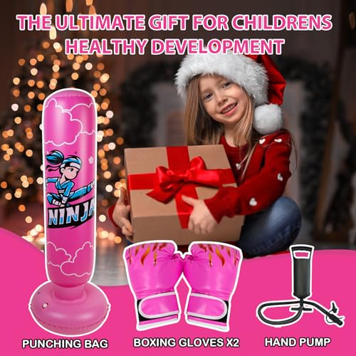 Onirii 66 Inch Kids Inflatable Punching Bag | Large Stable Kids Inflatable Boxing Bag Toy Set with Gloves for Boys & Girls Age 3-12 for Taekwondo,MMA and Practicing Karate - color: Ninja Pink