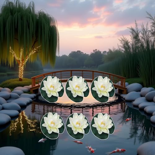 6Pcs White Artificial Floating Foam Lotus Flowers with Water Lily Pad Ornaments, Perfect for Patio Koi Pond Pool Aquarium Home Garden Wedding Party Holiday Decoration Water Gardens and Ponds