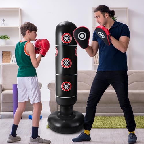 7 Pcs Kids Punching Bag Set Include Boxing Gloves, Inflatable Punching Bag, Hand Wraps, Hand Pads, Air Pump, Kids Boxing Training Set for Karate Kickboxing Taekwondo - color: Red