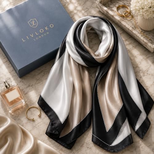 LONDON Women’s Satin Silky Scarf Gift Box Large Lightweight Silky Smooth Shawl Wrap for Hair, Head, Neck or Hijab - color: Gold Black - Box