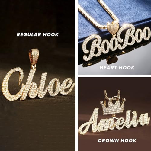 Lulu Mel Iced Out Personalized Cursive Name Necklace For Trendy Women, Custom Handmade Nameplate Pendant With Cuban Link Chain, White Gold Plated Hip Hop CZ Diamond Jewelry Gifts - color: Brust Letter Gold