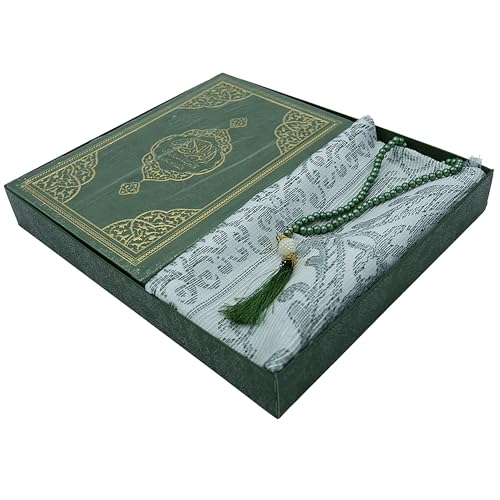 Modefa Prayer Rug Islamic Gift Set - Holy Quran in Arabic - Velvet Box with Quran and Tesbih (Green) - color: Green