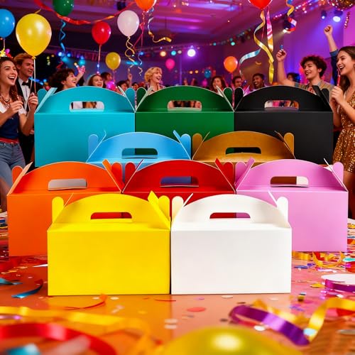 Papertide Red Gable Box with Handles, 30 Pack 9.45×5×5 inch Sturdy Colorful Cardstock treat Boxes for Christmas Birthday Party Favors, Premium Presentation Boxes with Lids - color: Red