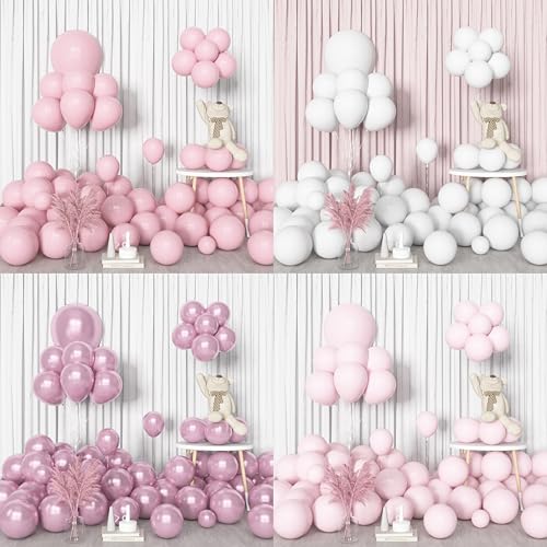 Amandir 153피스 핑크 화이트 풍선 아치 가랜드 키트 다양한 사이즈 45.7cm(18인치), 30.5cm(12인치), 25.4cm(10인치), 12.7cm(5인치), 파스텔 라이트 라텍스 메탈릭 컨페티 핑크 풍선, 어머니의 날 샤워 웨딩 보우 코케트 생일 파티 장식 - color: 베이비 핑크