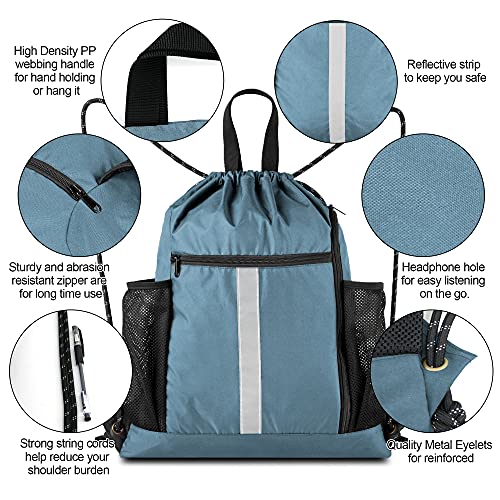 BeeGreen Blue Sport Cinch Bag String Backpack with Shoe Compartment and Two Side Mesh Pockets Machine Washable Sturdy Gymsack Drawstring Sackpack - color: Blue Haze, style: Drawstring With Shoe Compartment