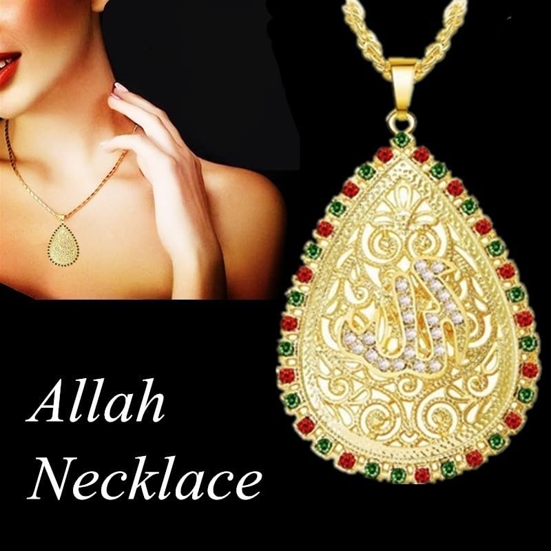 Teardrop Necklace for Women with Zircon & Allah Quran Pendant | Religious Amulet Jewelry, Islamic Muslim, Engraved Patterns