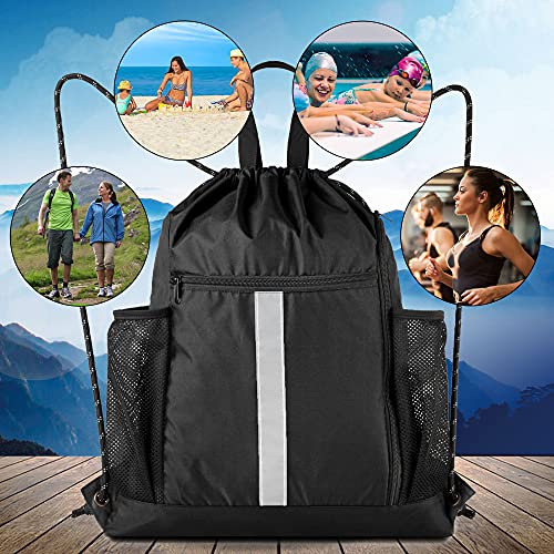 BeeGreen Drawstring Backpack Bag Sports Gym Backpack with Shoe Compartment and Two Water Bottle Holder for Men Women Large String Backpack Athletic Sackpack Workbag Black - color: Black, style: Drawstring With Shoe Compartment