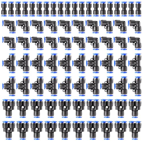 TAILONZ PNEUMATIC 1/4 Inch od Push to Connect Fittings Pneumatic Fittings Kit 20 Spliters+20 Elbows+20 tee+20 Straight (80 pcs) - color: Blue, size: 1/4"OD/80PCS
