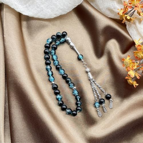 Islamics Prayer Beads 33 Tasbih Ice Cracked Glass Rosary Necklace for Muslims Worship and Spiritual Reflection Daily Worship Tasbih - color: Blue black