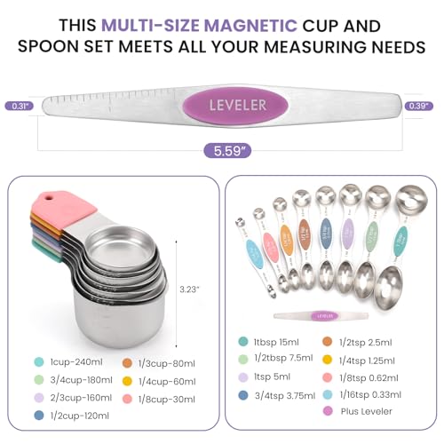 Magnetic Measuring Cups and Spoons Set-Heavy Duty 304 Stainless Steel | Double Measurement Markings,BPA-Free,Set of 16 with Leveler for Measuring Dry and Liquid Ingredients(Colors) - color: Color
