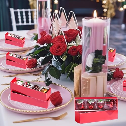 TEMLQPACK 25Pack Red Chocolate Covered Strawberry Box for 4, Macaron boxes, Long Treat Box for Truffles, Cookies, Ores, Chocolate Cocoa Bombs&Cake Ball Bakery Packaging Supplies - color: Red