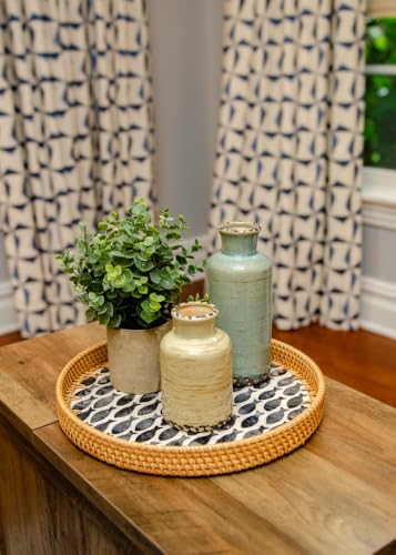 Magenta & Teal Round Rattan Serving Tray with Mother of Pearl Inlay, Wicker Coffee Table Decor, Farmhouse Style (Navy Fish) - color: Navy Fish