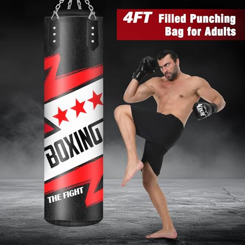 Filled Punching Bag for Adults, 4FT PU Leather Hanging Boxing Bag with 11lb Sponge Filler & 12OZ Boxing Gloves, Heavy Kicking Bag Boxing Equipment for MMA Training Karate Kickboxing - style: Fighting