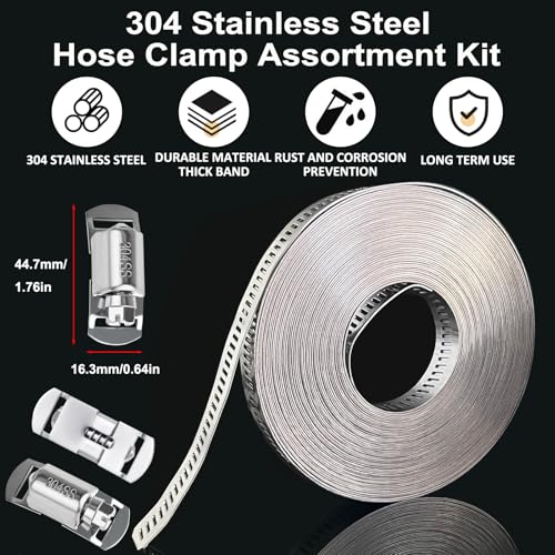 Hose Clamps Stainless Steel, Hose Clamp Assortment Kit, 32.81FT DIY Large Adjustable Worm Gear Metal Clamps Fuel Line Clamp with 40 Fasteners for Plumbing, Water Pipe, Radiator, Automotive, Mechanical - size: 2 Set - 10 m Metal Strap + 40 Fasteners