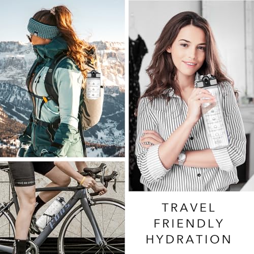 Hyeta Water Bottle with Straw & Time Marker, Plastic 32oz Leakproof | Motivational Tritan BPA Free Gym Office Outdoor Intake Tracker Hourly Reminder Straw Lid Carry Strap - color: transparent