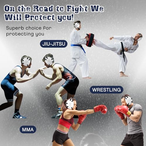 Halloscume Kids Wrestling Headgear with Adjustable Ear Guard Straps MMA Jiu Jitsu Grappling Protective Headgear for Youth Adults Men Women Comfortable Training & Tournament - color: White/Black