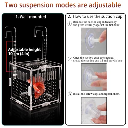 Acrylic Fish Breeding Box with Suction Cups,4x4x4 Inch Breeder Box for Fish Tank,Aquarium Hatchery Incubator for Baby Fishes Shrimp Clownfish,Guppy