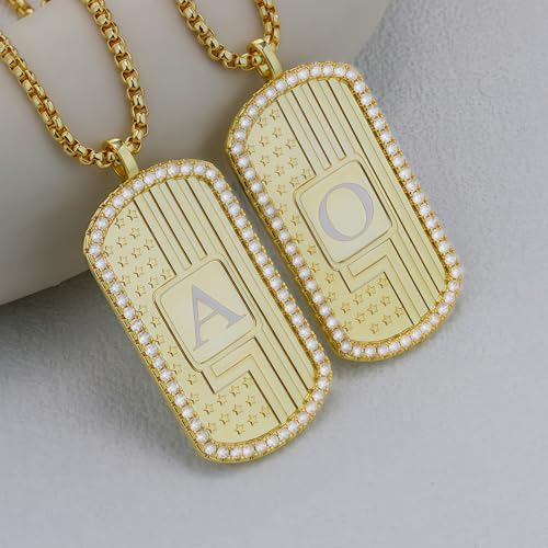 American Flag 18K Gold Plated Initial Dog Tag Alphabet Pendant Necklace for Men&Women, A to Z Copper Pendant Necklace with CZ Stones, Personalized Letter Non-Tarnish Jewelry Gift - style: Q