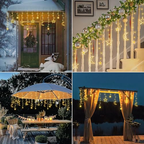 Ramadan Solar Icicle Lights,10.8ft 138 LED Outdoor Waterproof Moons Stars Curtain Window String with 8 Modes Timer Remote,USB Rechargeable Connectable Warm White Hanging Decor for Patio