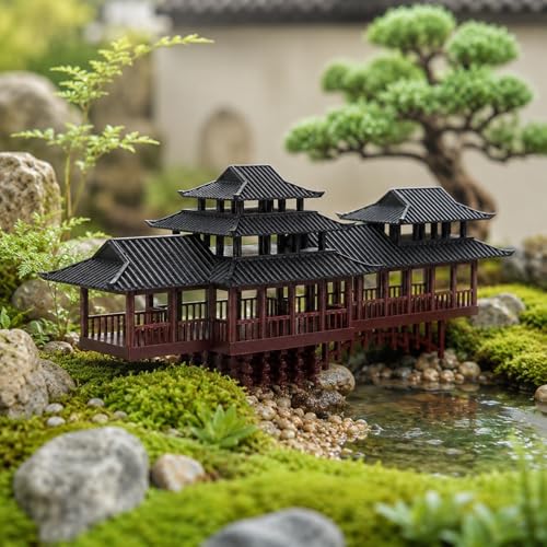LOGOFUN Mini Chinese Pavilion Ornament Arched Bridge Bonsai Decor - 13.5CM | Ancient Pavilion And Bridge Model Adds Architectural Detail To Bonsai, Sand Tables, Garden Scenes, And Micro Landscapes
