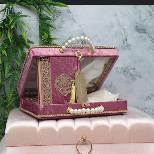 Modefa Islamic Luxury Pearl Islamic Gift Set - Holy Quran in Arabic - Velvet Box with Quran, Hijab, Tesbih, & Bookmark (Light Raspberry) - color: Light Raspberry