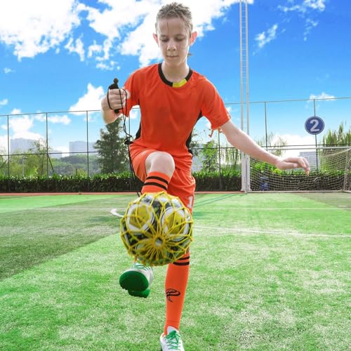 PodiuMax Handle Solo Soccer Kick Trainer with New Ball Locked Net Design, Soccer Ball Bungee Elastic Training Juggling Net (Fits Ball Size 3, 4, 5) - color: yellow