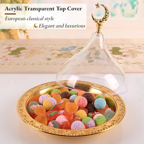 Cake Plate with Lid, Ramadan Tray Eid Mubarak Cake Tray with Dome, Candy Snack Serving Tray, Golden Cake Plate for Baking Home Party Cafe Wedding