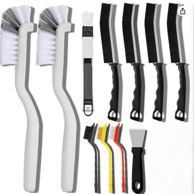 11-Piece Crevice Cleaning Brush Set, Black Metal Handle, Detailing Tools for Household Corner Cleaning