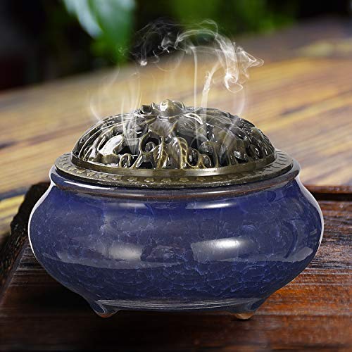 Miupoo Incense Burner and Cone Incense Holder with Brass Incense Stick Holder Ceramic Ash Catcher (Dark Blue) - color: Dark Blue
