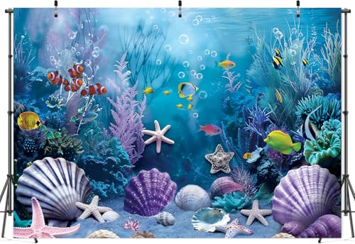 Under the Sea Backdrop Summer Tropical Fish Coral Ocean Underwater World Photography Background Ocean Aquarium Themed Baby Shower Birthday Party Banner Decorations Photo Booth Props 8x6FT - size: 8x6FT