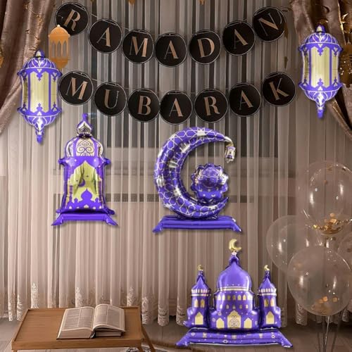 5pcs Hajj Mubarak Star Moon Aluminum Foil Balloon Set Eid Mubarak Islamic Muslim Festival Pilgrimage Party Decor Balloon - color: Purple