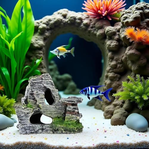 Resin Aquarium Mountain Decor with Moss Rock Cave - Multi-Level Terrain for Fish Tank Landscaping, Natural-Looking Rockery Design with Hidden Cave and Crevices for Shrimp,Reptile Habitat Aquascaping