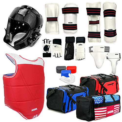AAMA Complete Taekwondo Sparring Protective Gear Equipment Set - Customizable - color: SET A Black (Shin + Hand + Foot)