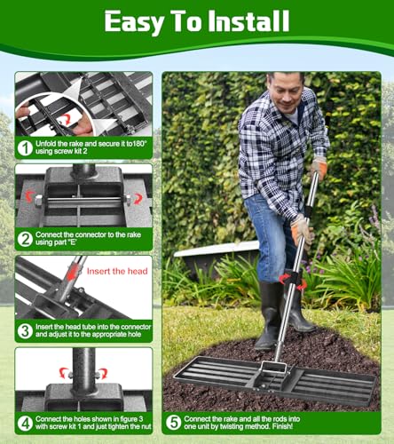 Lawn Leveling Rake 30x10, 6.2FT Heavy Duty Yard Leveler for Dirt & Soil | 30x10" Mn Steel Plate Levels Dirt, Soil & Sand, Stainless Adjustable Long Handle , Garden & Golf Course Leveling