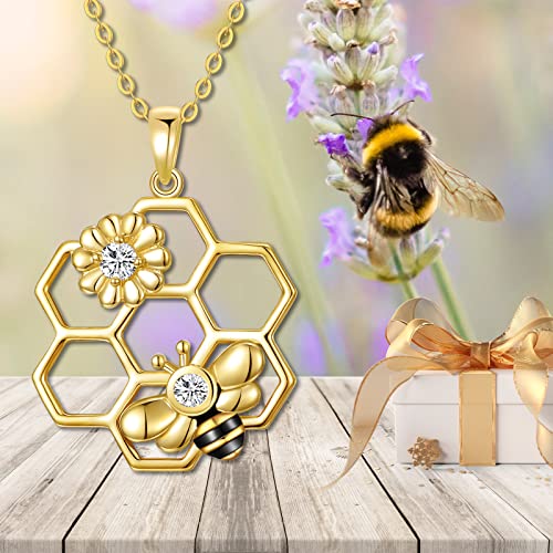 KECHO Gold Bee Necklace Gifts for Mom Women 14k Yellow Gold Honeycomb Honey Bee Pendant Necklaces Love Heart Jewelry Gifts for Women Her Wife - style: C Style-Bee Necklace