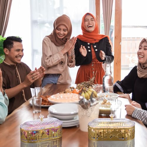 2 Pcs Ramadan Trays with Lid Metal Gold Eid Mubarak Plates Ramadan Moon Candy Dish Table Decorations Food Serving Tray Islam Muslim Al-Fitr Cookie Storage Container for Eid Party Supplies