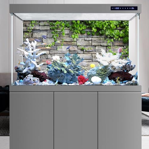 AWERT Vinyl 48x24 inches Stone Brick Wall Aquarium Background Rock Fish Tank Background Spring Leaves Terrarium Background - size: 48x24in/120x60cm