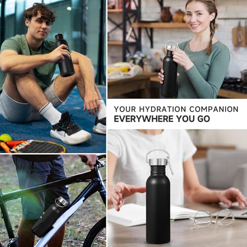 Volhoply 26oz Uninsulated Single Walled Water Bottle, Stainless Steel Reusable Water Bottles with Handle & Carabiner, BPA Free Wide Mouth Water Bottles for Gym Sports Camping(Black,1) - color: Black