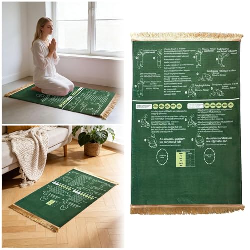 Bilingual Guided Prayer Mat with Direction Finder, Read in English and Say It in Arabic Guided Prayer Mat for Salah and Meditation (Green, L)