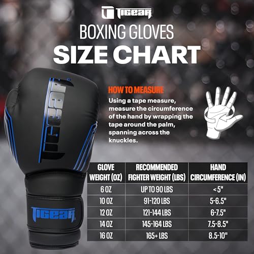 Tigear Surge Pro Boxing Gloves for Men Women & Kids | Engineered Leather Muay Thai Gloves, MMA Gear, Kickboxing Heavy Bag Training and Sparring - color: Black/Blue, size: 14 oz